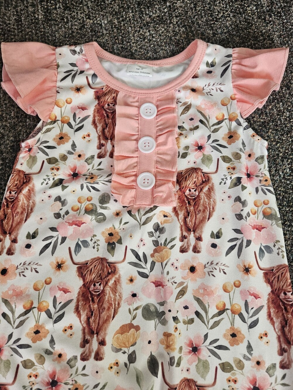 Pink Floral & Highland Cow Ruffle Baby One-Piece - Picture 2 of 5